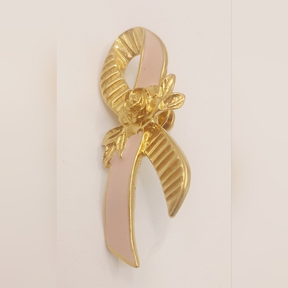 VINTAGE AVON BREAST CANCER AWARENESS GOLD ROSE PINK RIBBON TACK PIN PREOWNED 2"